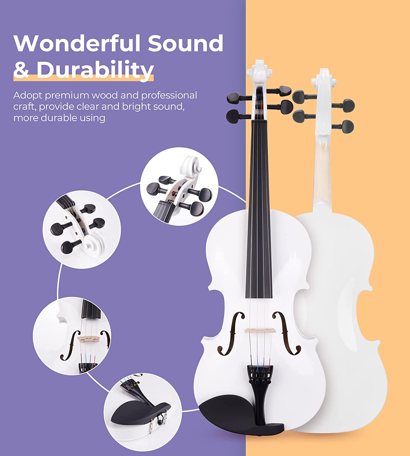 Ensemble de violon acoustique Vangoa White 4/4 taille réelle