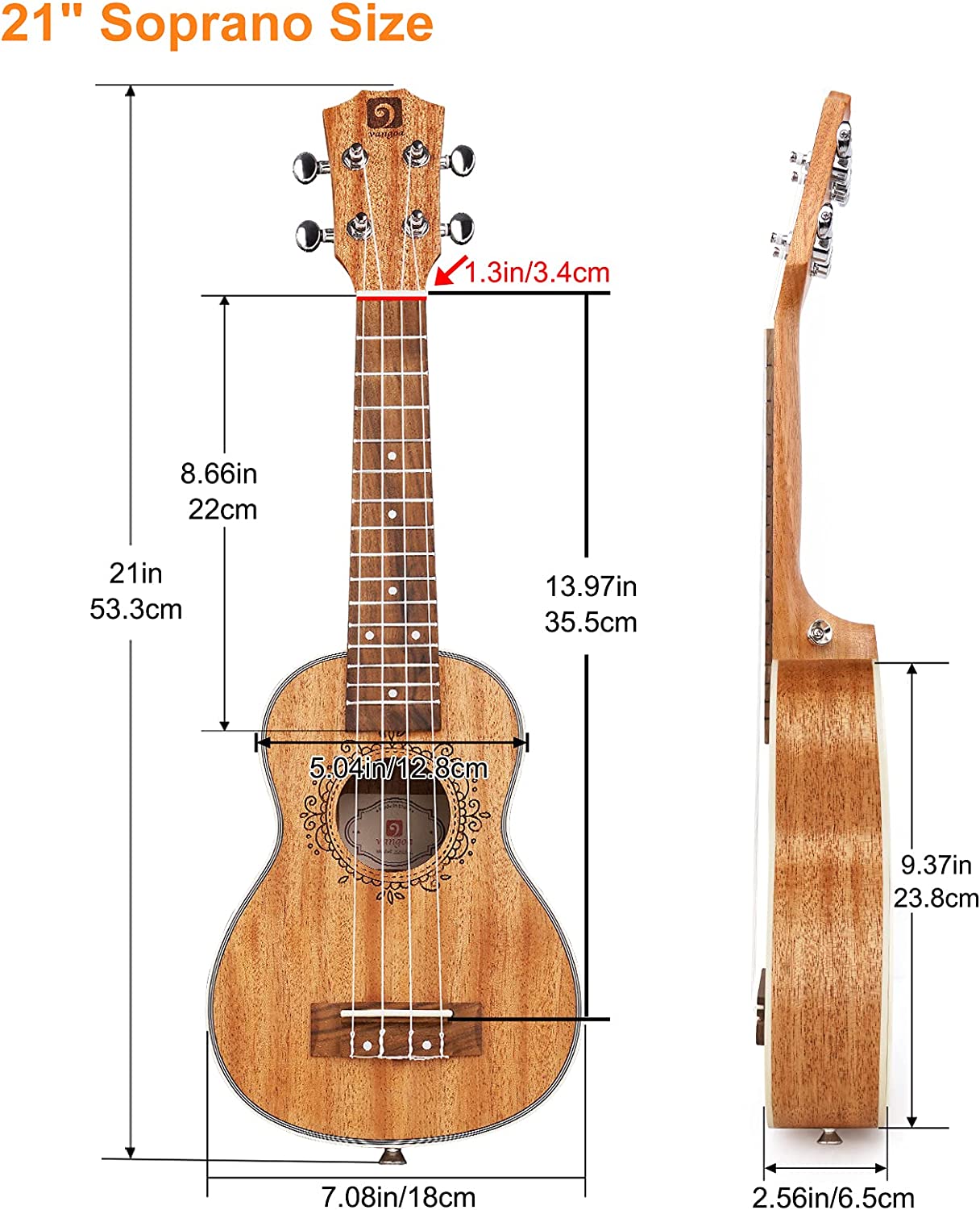 Kit de démarrage pour ukulélé soprano Vangoa VU401 en acajou, 21 pouces, quatre cordes