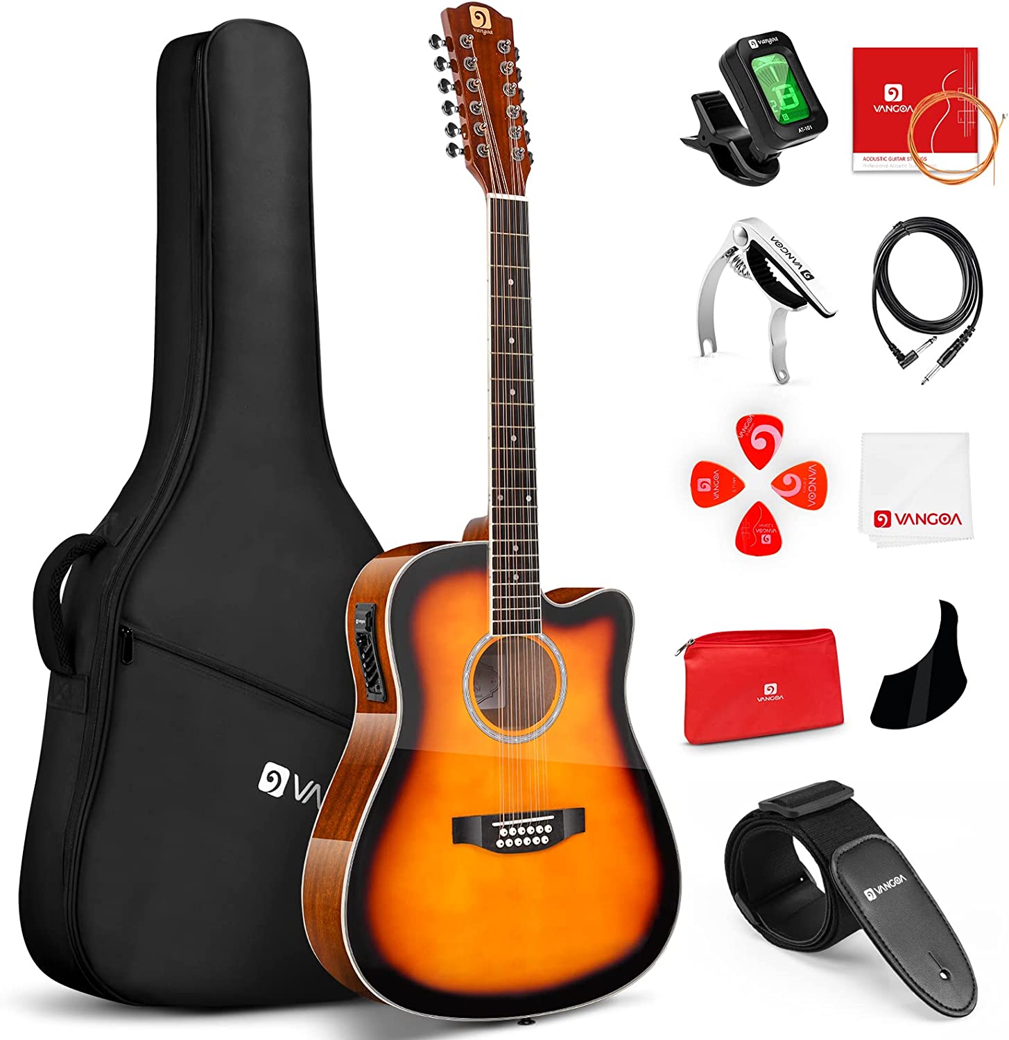Vangoa 12-saitige Akustik-E-Gitarre, Sunburst Gloss