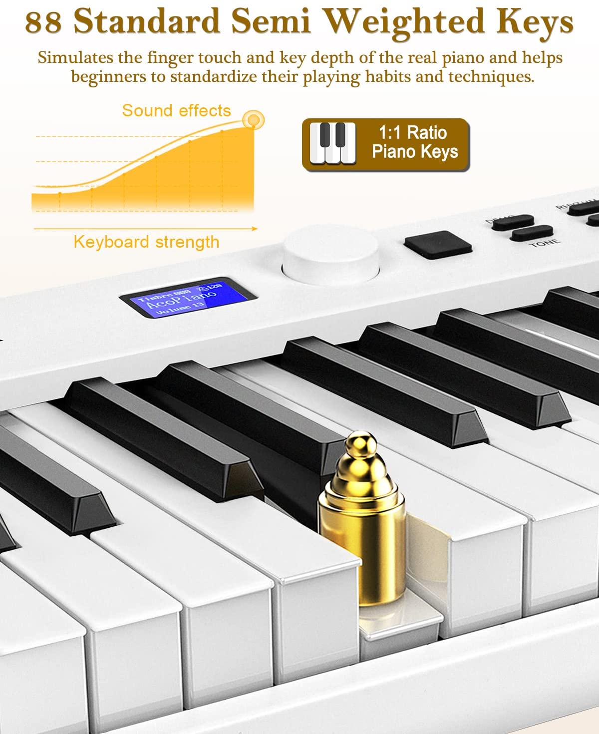 Vangoa VGD882 88 Keys Piano Keyboard Foldable Bluetooth Digital Piano with Lighted Keys Semi-Weighted Keyboard Piano, Rechargeable, Portable, White