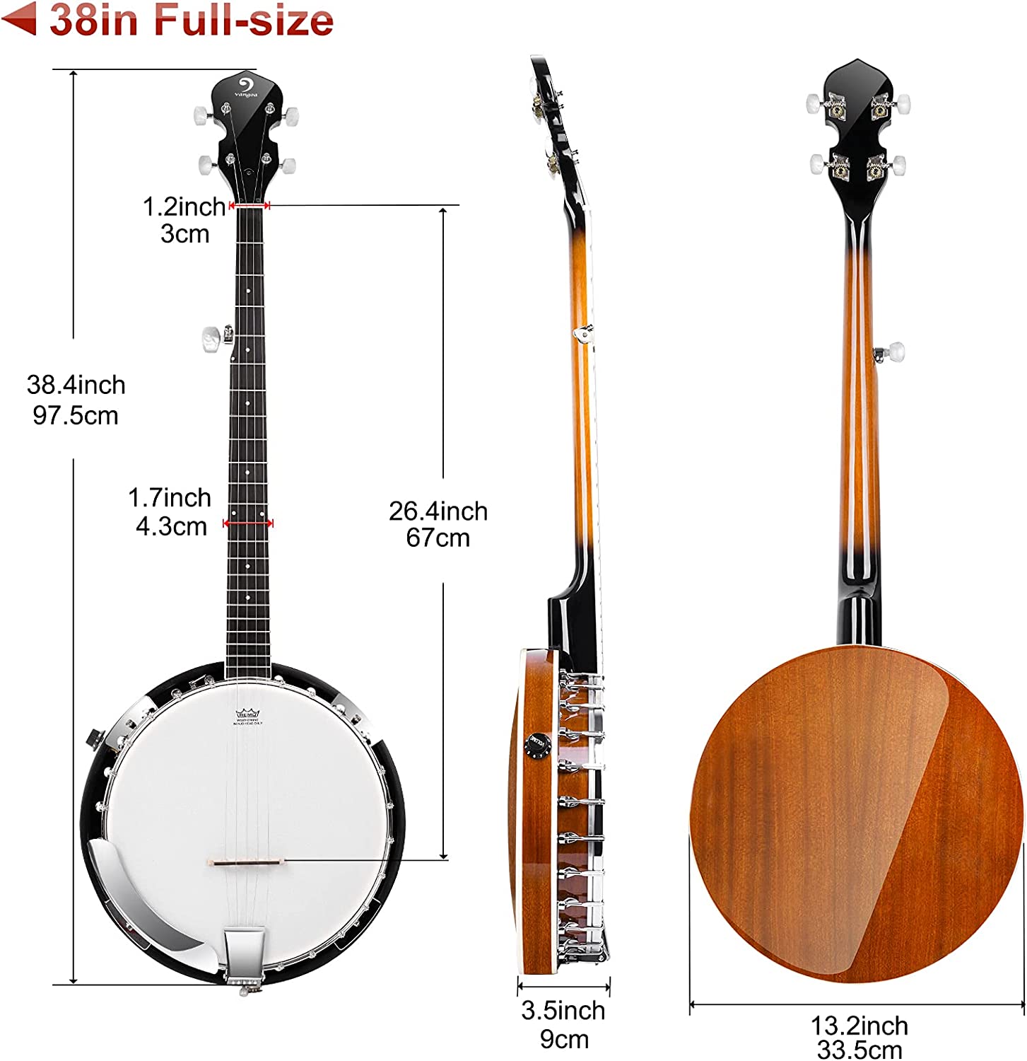 Vangoa VBJ-4E Acoustic Electric Banjo 5 String Full Size 24 Brackets with Geared 5th Pegs for Beginners Adults