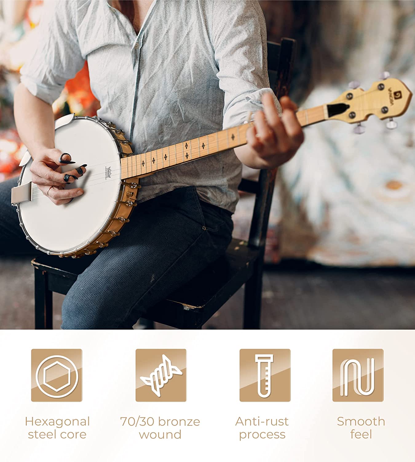 Vangoa Banjo Strings 5 String Set, Vacuum sealed packaging, Stainless Steel 70/30 Bronze Banjo String, Custom Medium 9-26 Gauge