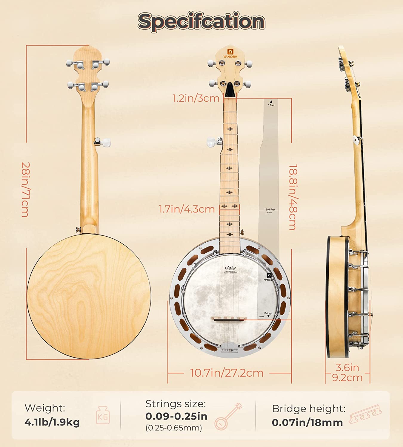 Vangoa VBJ08-5 Banjo 5 String with Tone Ring 28 Inch Maple Banjo