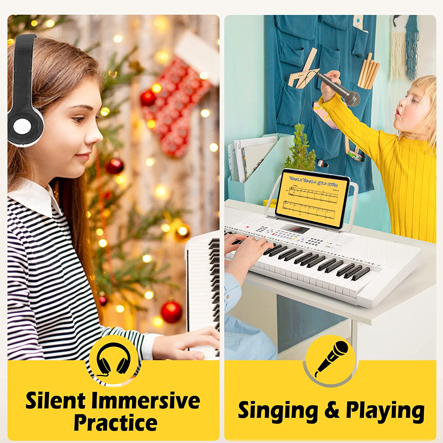 Piano à clavier blanc Vangoa VGK6101 avec 61 touches éclairées et 3 modes d'apprentissage