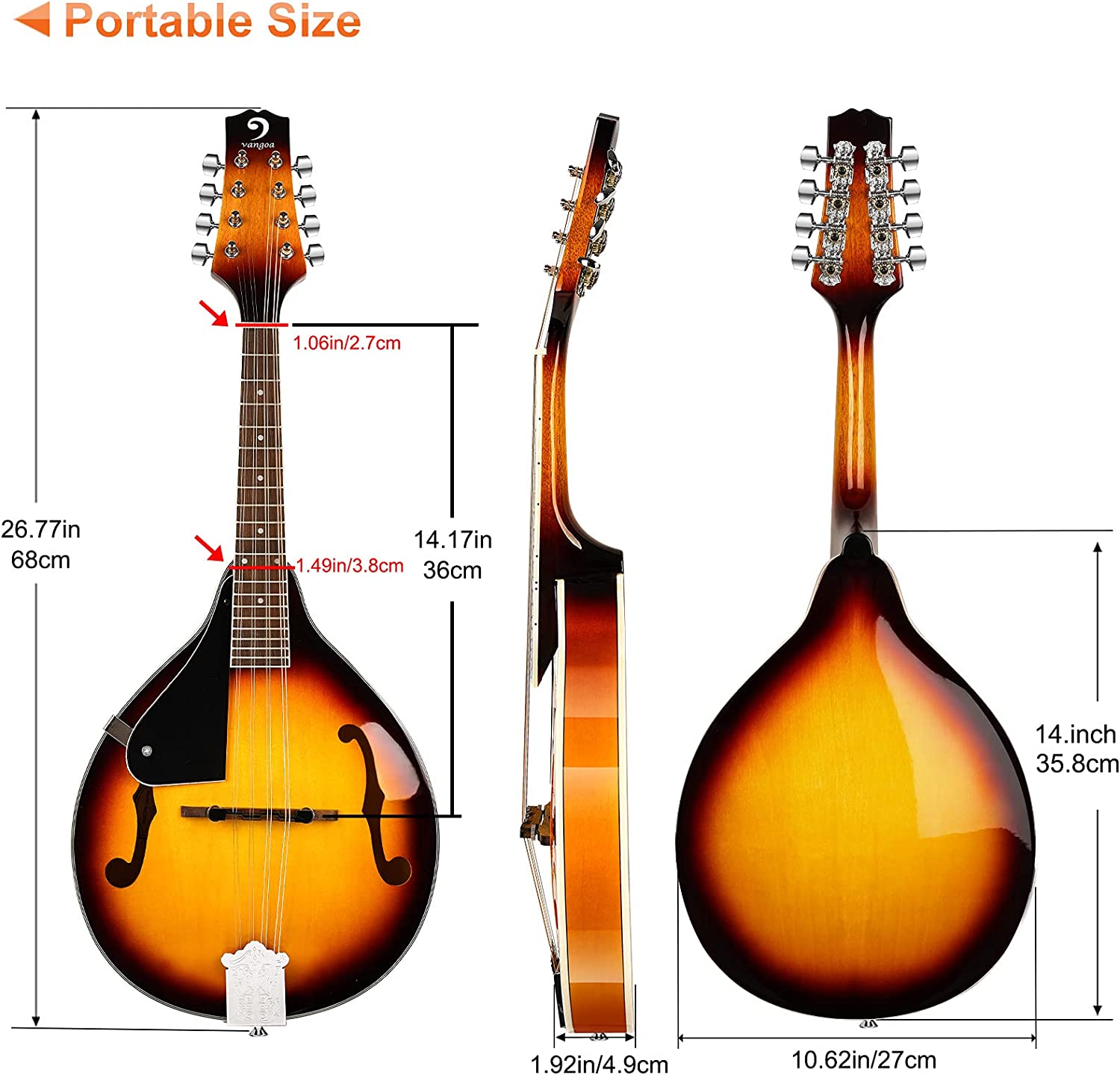 Vangoa Mandoline 8 cordes style A pour gaucher Sunburst
