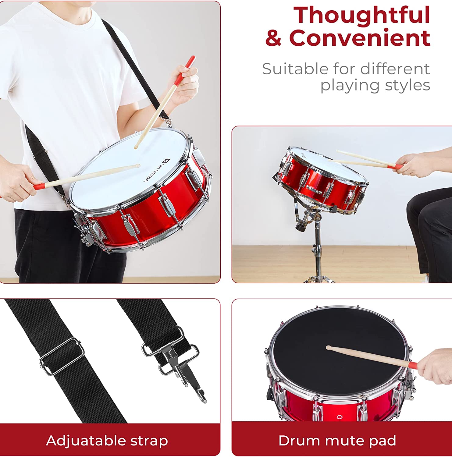Vangoa Student Snare Drum Set mit Ständer, Rot, 14" x 5,5"