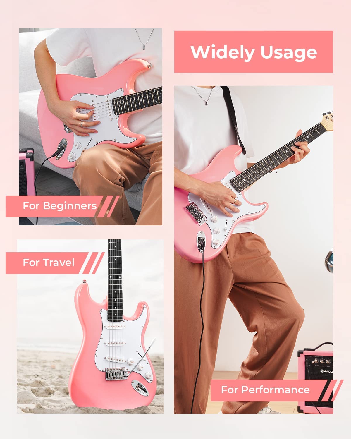 Vangoa VEG-2 39 Inch Full Size Electric Guitar Beginner Starter Kit Pink with Amplifier Pink