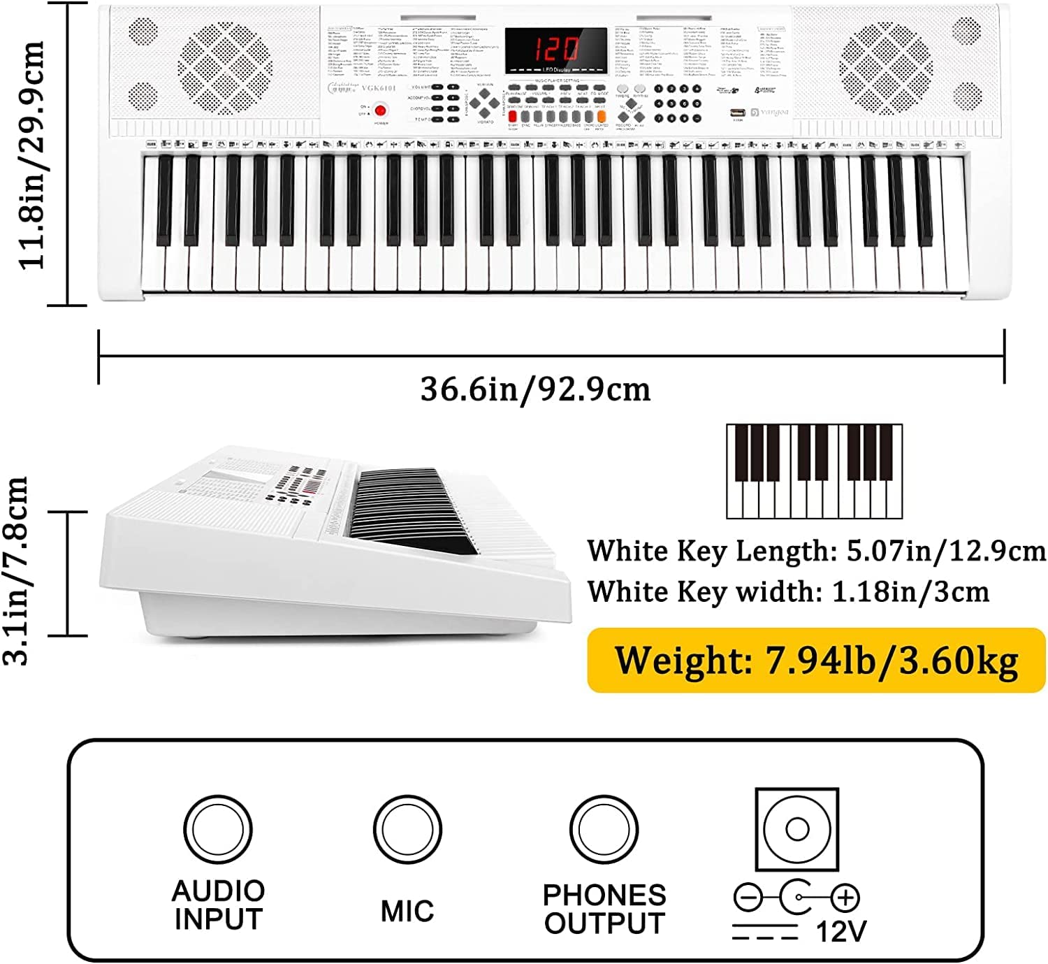 Piano à clavier blanc Vangoa VGK6101 avec 61 touches éclairées et 3 modes d'apprentissage