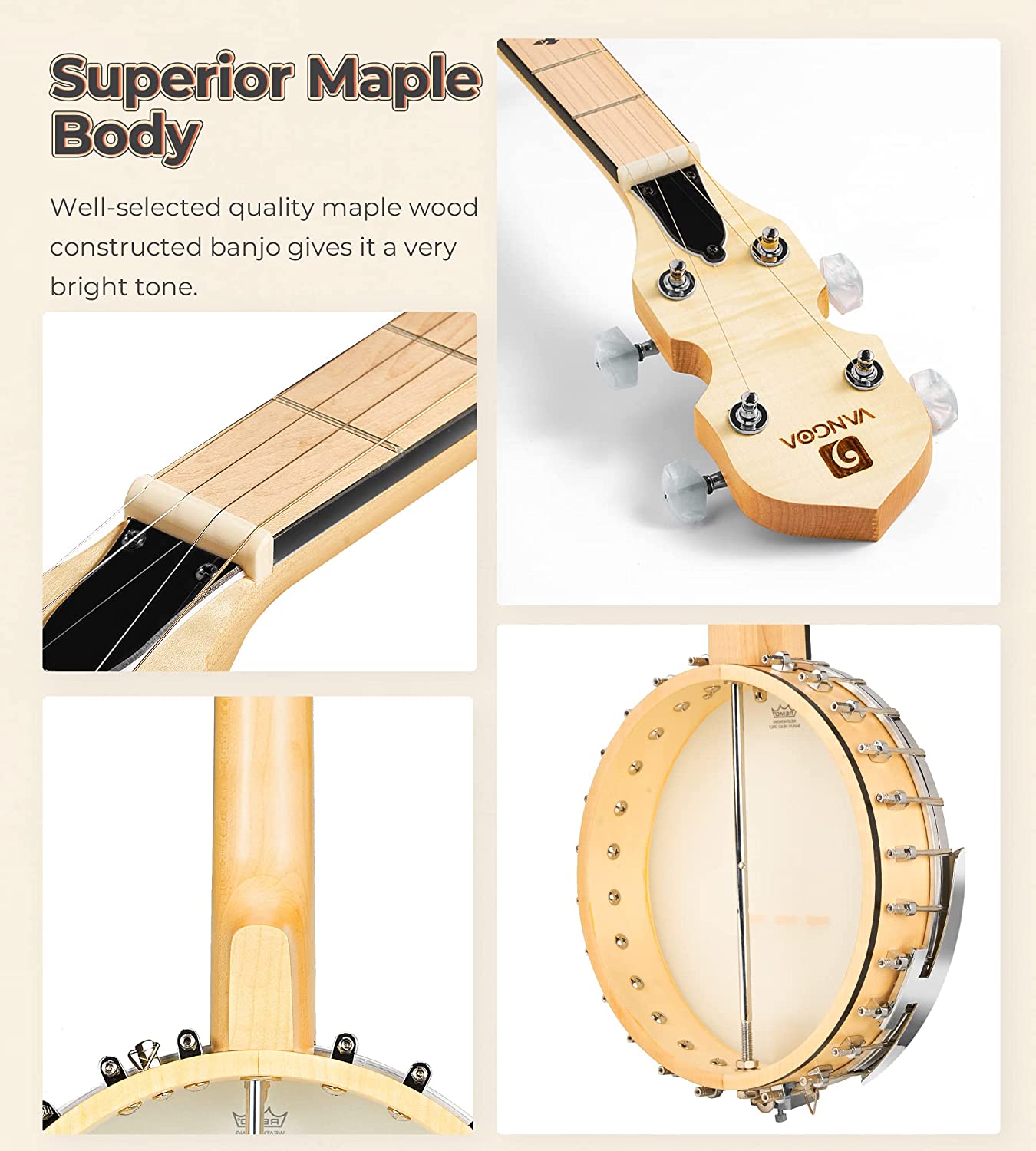 Vangoa Banjo Open Back 5 String Full size