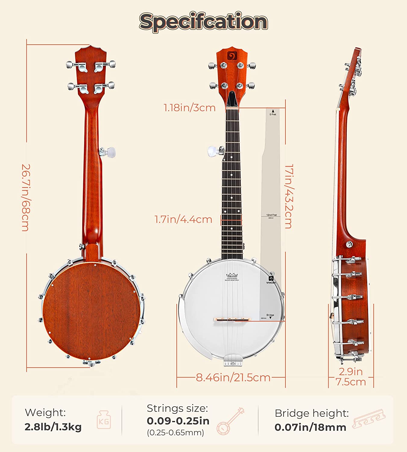 Vangoa 5 String Banjo 26 Inch