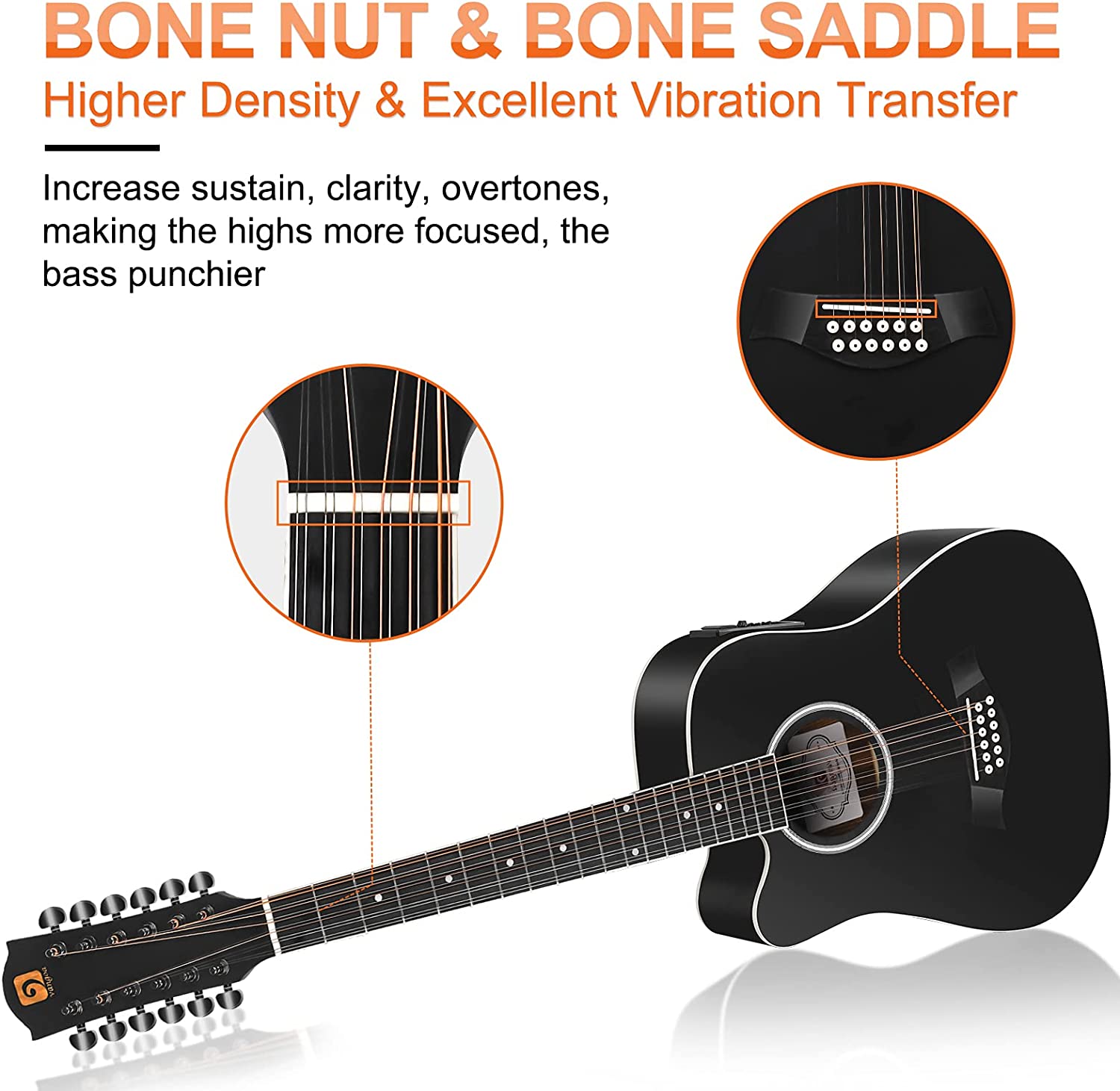 Vangoa LINKSHÄNDER 12-saitige Gitarre, elektrische Akustikgitarre, 42 Zoll, Fichtendecke, Korpus aus Sapele