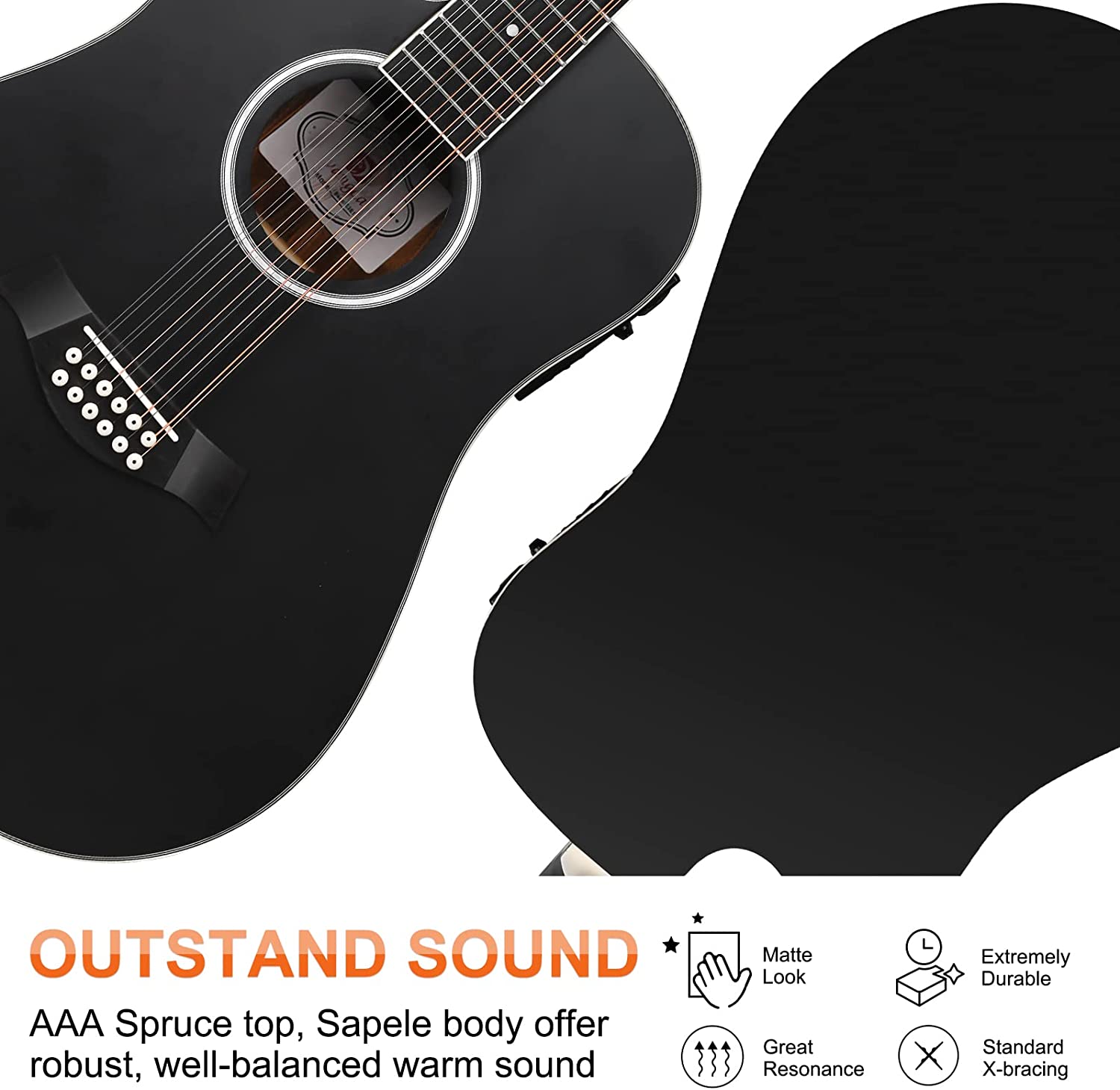 Vangoa LINKSHÄNDER 12-saitige Gitarre, elektrische Akustikgitarre, 42 Zoll, Fichtendecke, Korpus aus Sapele