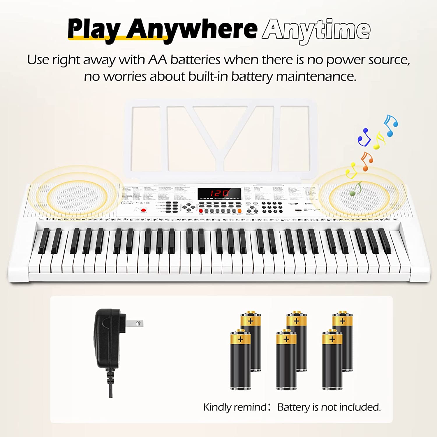 Piano à clavier blanc Vangoa VGK6101 avec 61 touches éclairées et 3 modes d'apprentissage