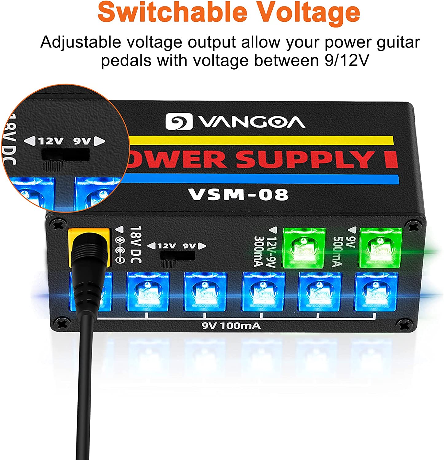 Vangoa VSM08 Guitar Pedal Power Supply 8 DC Output Guitar Power Supply with Adjustable Voltage for 9V/12V Effect Pedal
