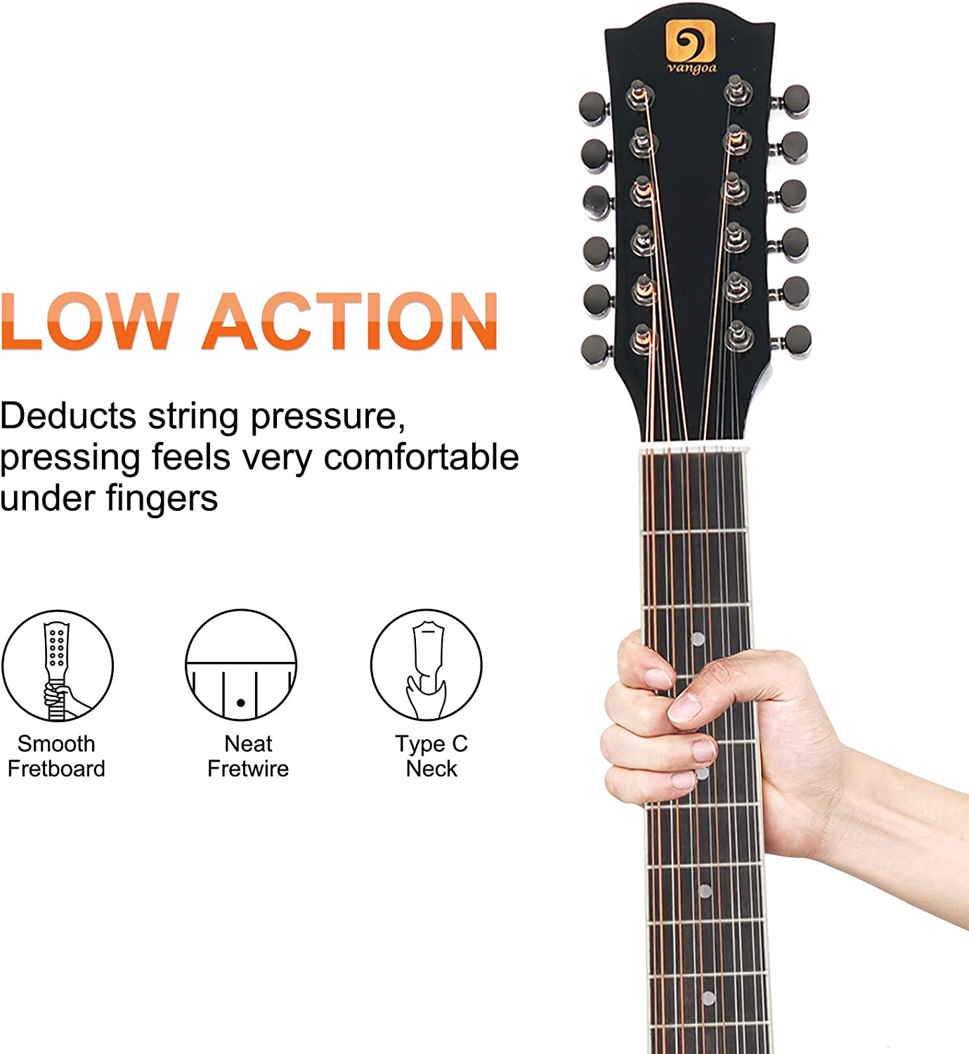 Vangoa VGE12-2 12-saitige Gitarre, akustische elektrische Cutaway-Gitarre, Schwarz