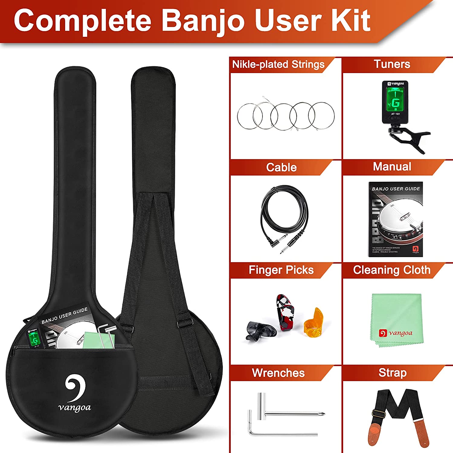 Vangoa VBJ-4E Acoustic Electric Banjo 5 String Full Size 24 Brackets with Geared 5th Pegs for Beginners Adults