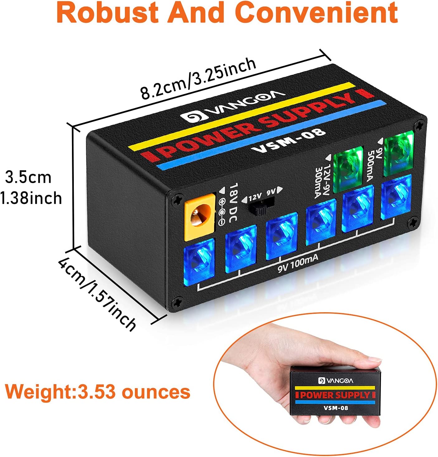 Vangoa VSM08 Guitar Pedal Power Supply 8 DC Output Guitar Power Supply with Adjustable Voltage for 9V/12V Effect Pedal