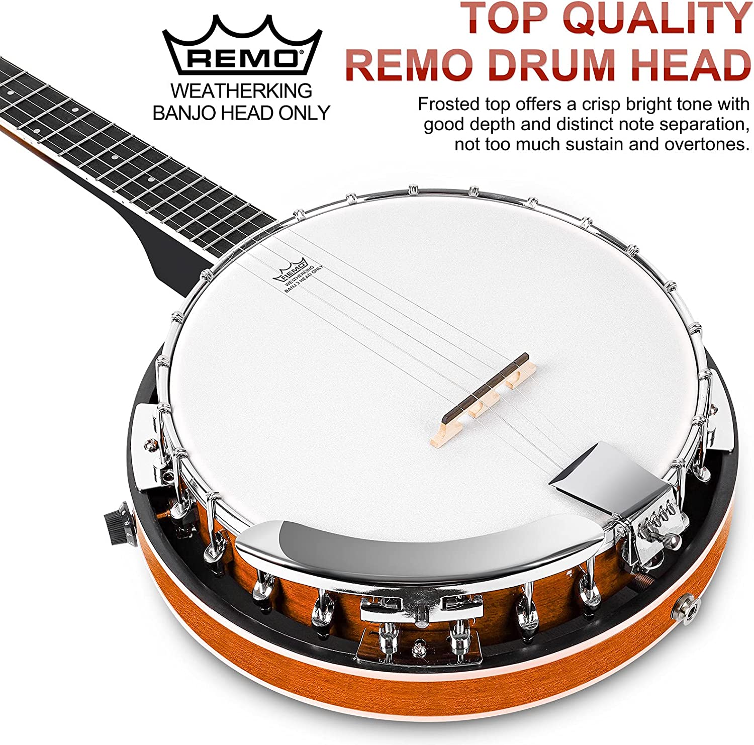Vangoa VBJ-4E Acoustic Electric Banjo 5 String Full Size 24 Brackets with Geared 5th Pegs for Beginners Adults