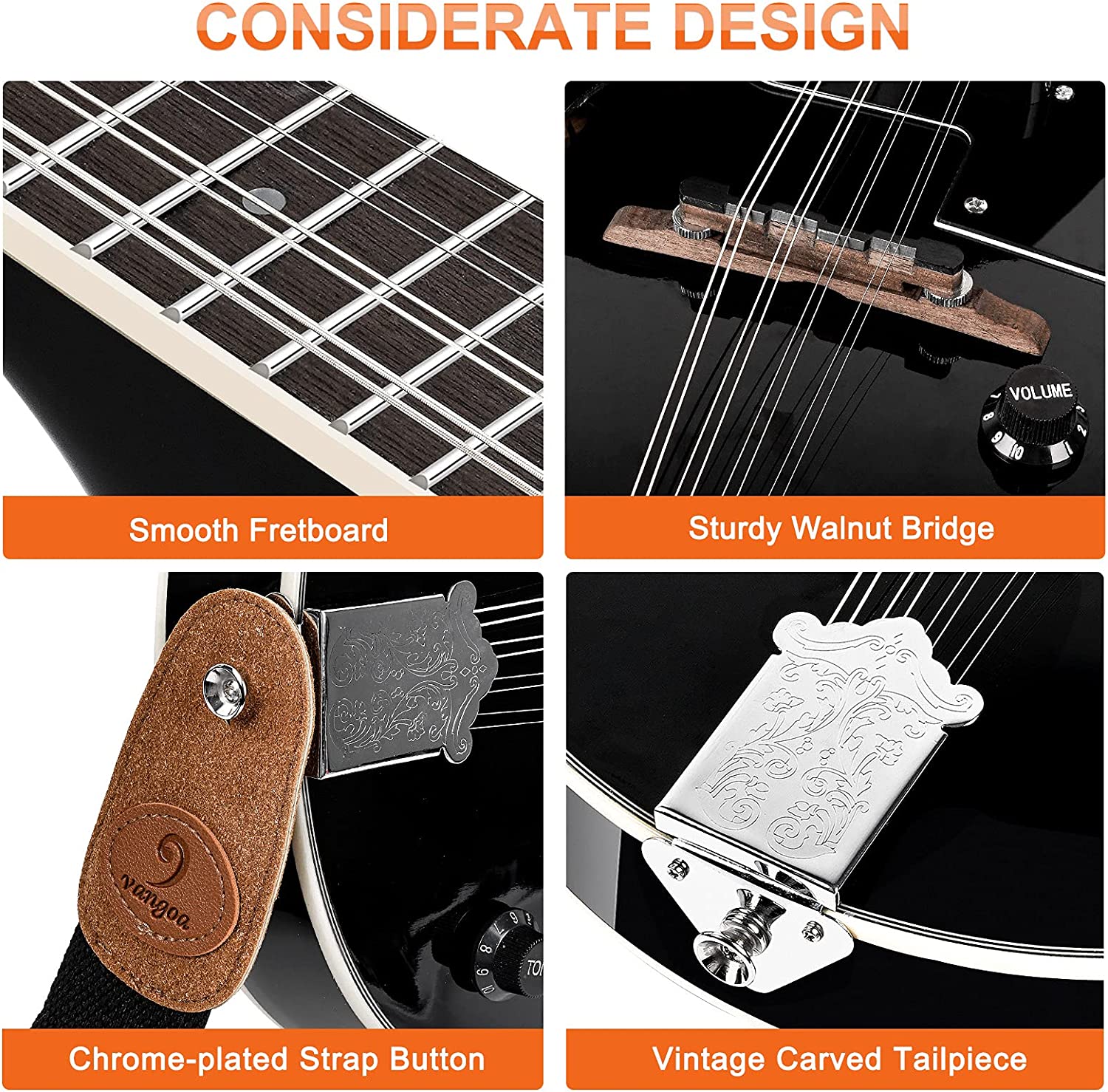 Mandoline électro-acoustique Vangoa en acajou de style A pour débutants