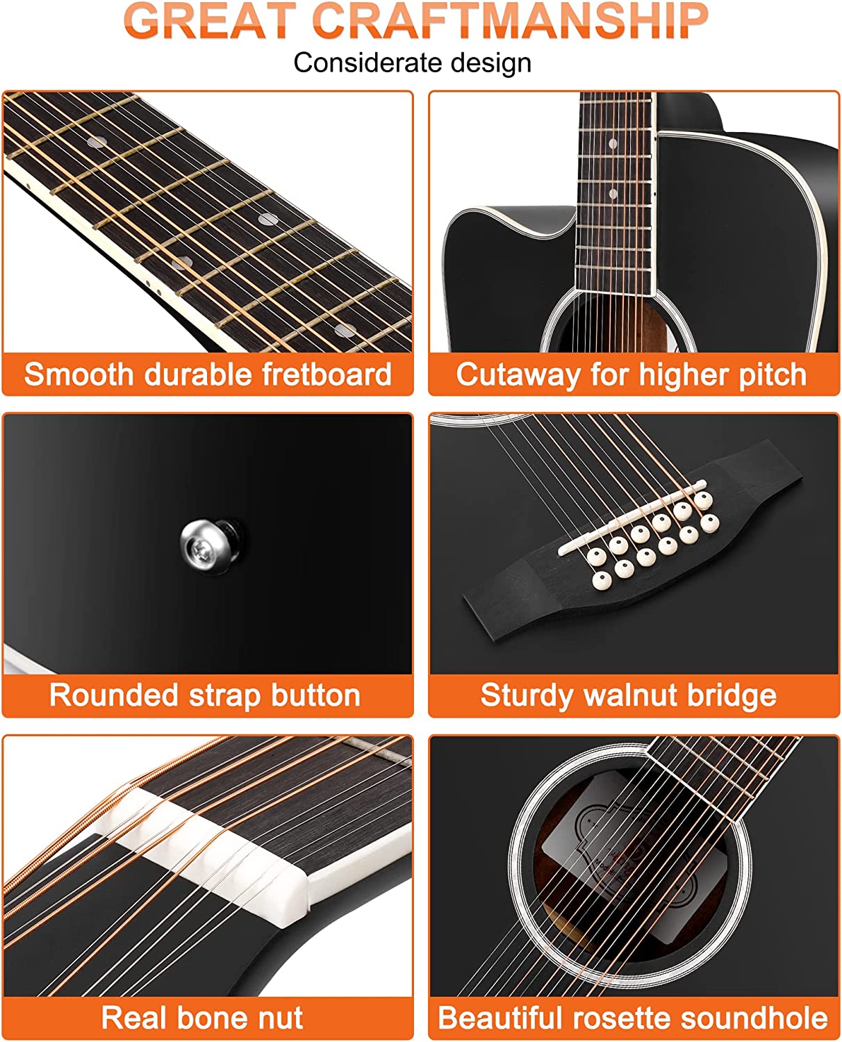 Vangoa LINKSHÄNDER 12-saitige Gitarre, elektrische Akustikgitarre, 42 Zoll, Fichtendecke, Korpus aus Sapele