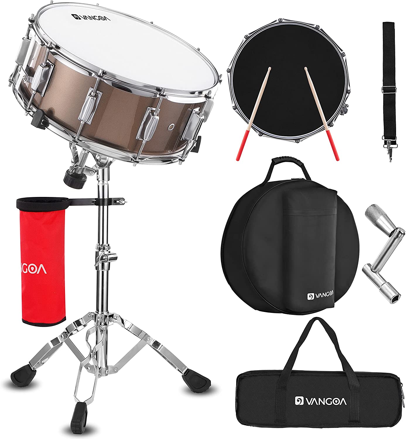 Vangoa Student Snare Drum Set with Stand Brown 14"X 5.5"