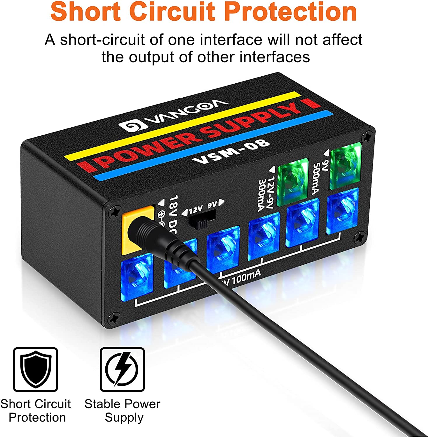 Vangoa VSM08 Guitar Pedal Power Supply 8 DC Output Guitar Power Supply with Adjustable Voltage for 9V/12V Effect Pedal