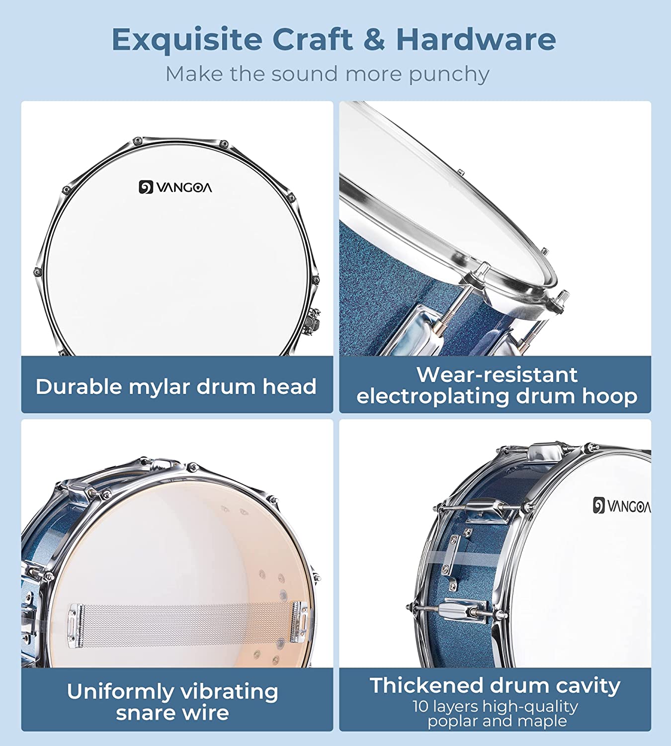 Vangoa Blue Snare Drum Set with Stand for Student 14"X 5.5"
