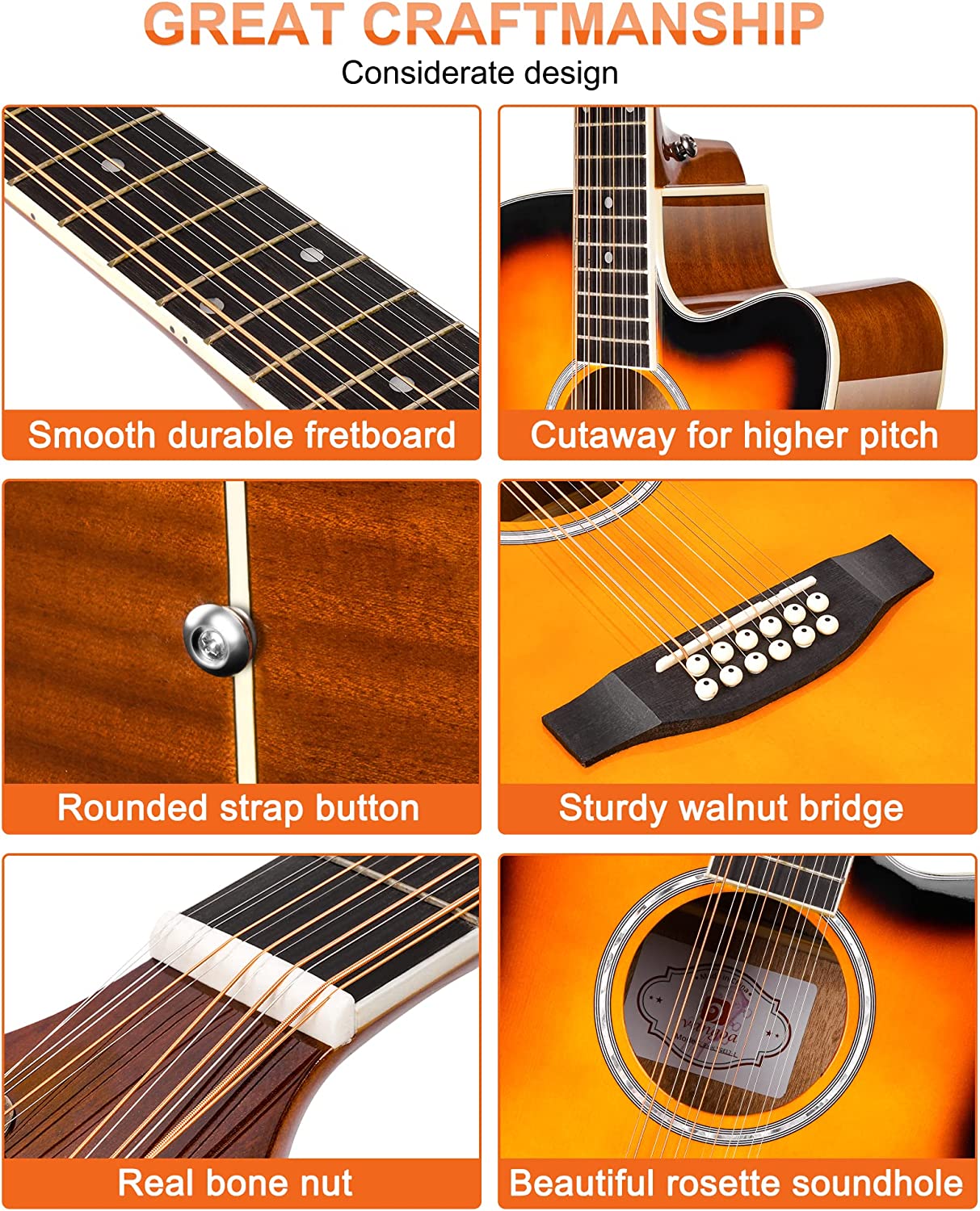 Vangoa 12-saitige Akustik-E-Gitarre, Sunburst Gloss
