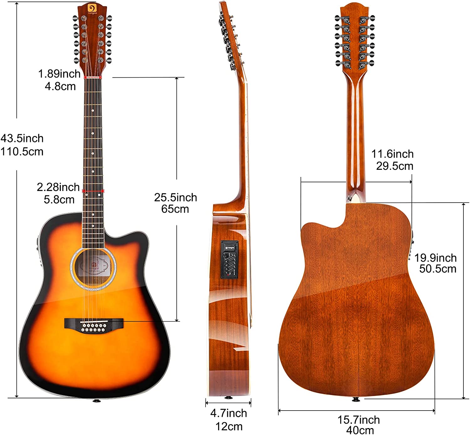 Vangoa 12 String Acoustic Electric Guitar Sunburst Gloss - Vangoa