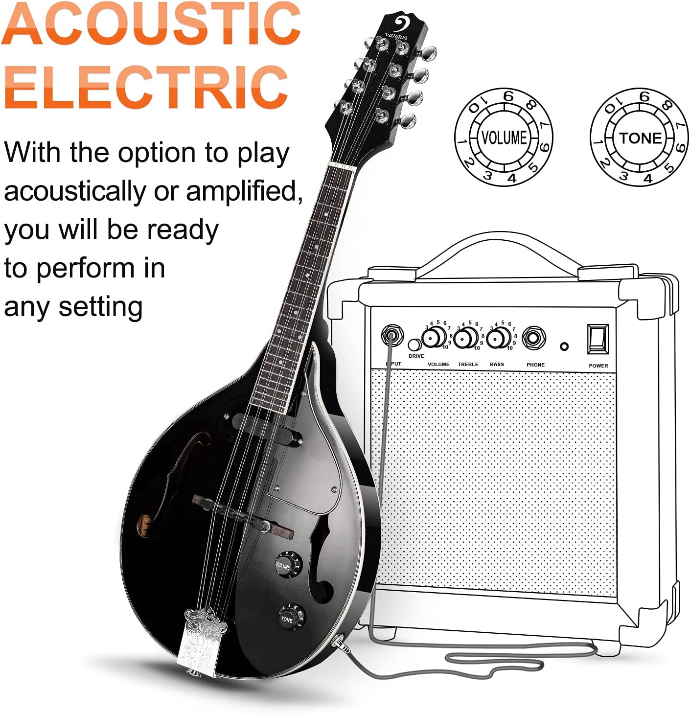 Vangoa Acoustic Electric A Style Mahogany Mandolin for Beginners - Vangoa