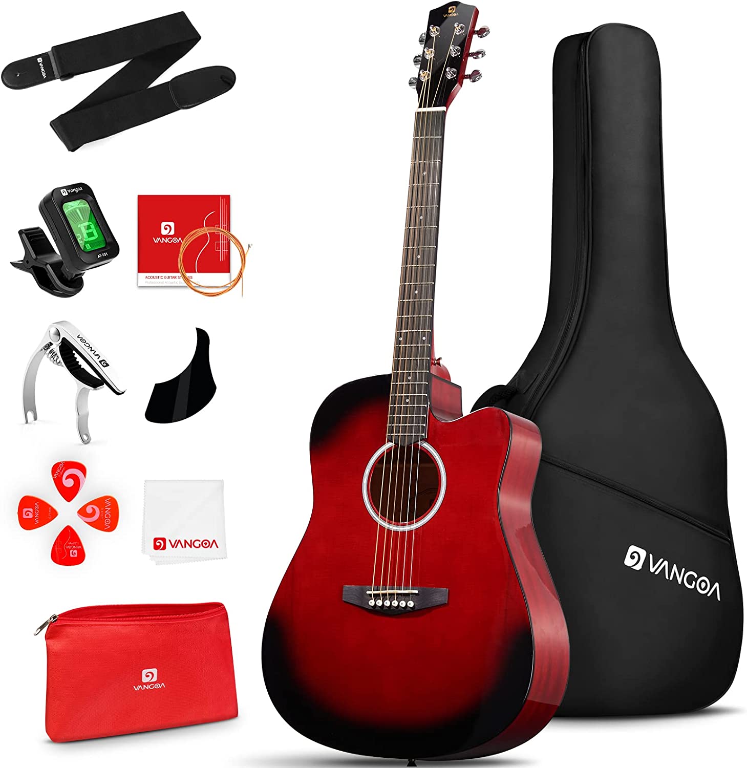 Vangoa Acoustic Guitar Full Size Red - Vangoa