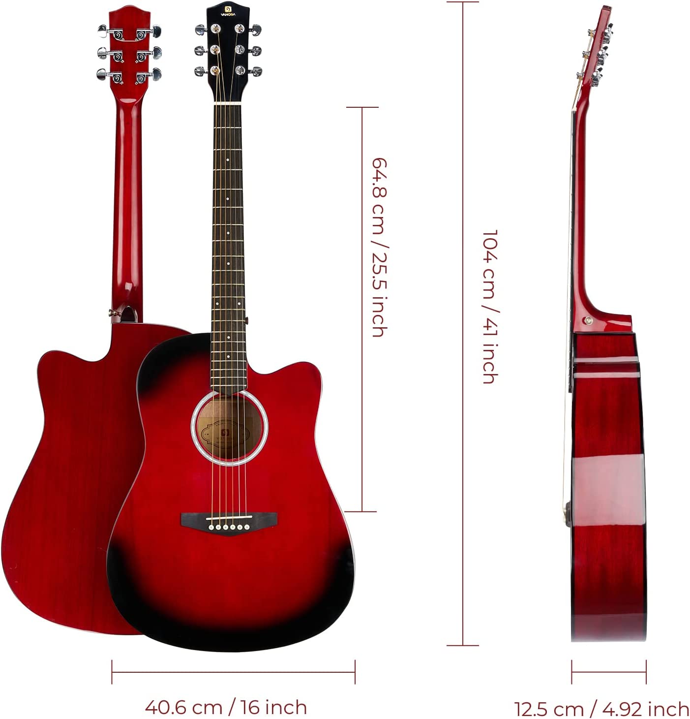 Vangoa Acoustic Guitar Full Size Red - Vangoa