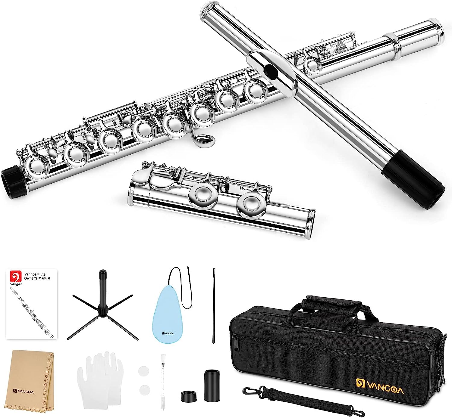 Vangoa Flute Closed Hole C Flute 16 Keys Silver Nickel Plated Flute Musical Instrument Flute Set for Beginners Adults Teens with Carrying Case - Vangoa