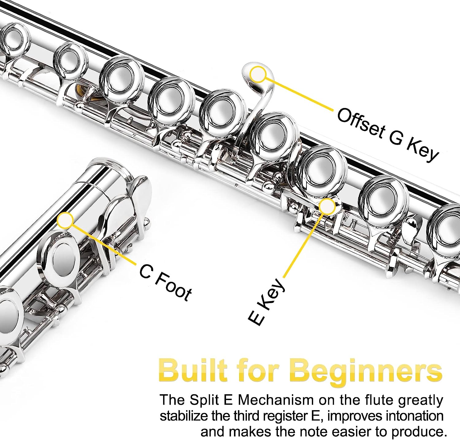 Vangoa Flute Closed Hole C Flute 16 Keys Silver Nickel Plated Flute Musical Instrument Flute Set for Beginners Adults Teens with Carrying Case - Vangoa