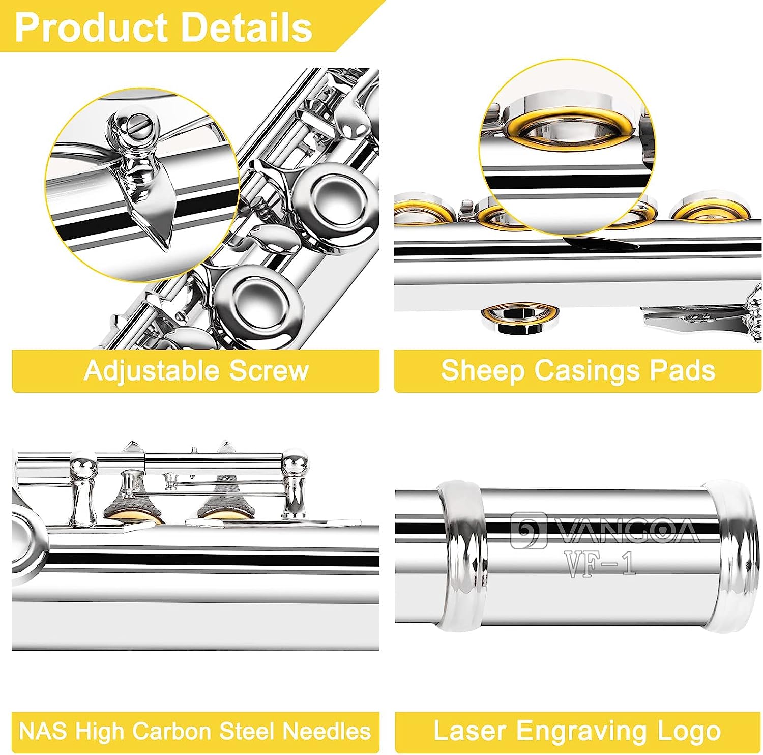 Vangoa Flute Closed Hole C Flute 16 Keys Silver Nickel Plated Flute Musical Instrument Flute Set for Beginners Adults Teens with Carrying Case - Vangoa