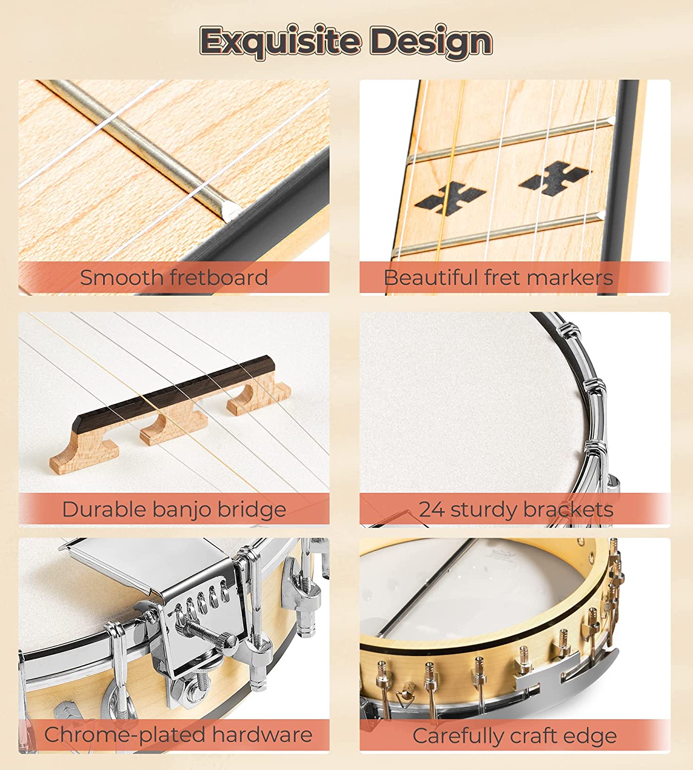 Vangoa Open Back Banjo 5 String Full size with Frosted Remo Head - Vangoa