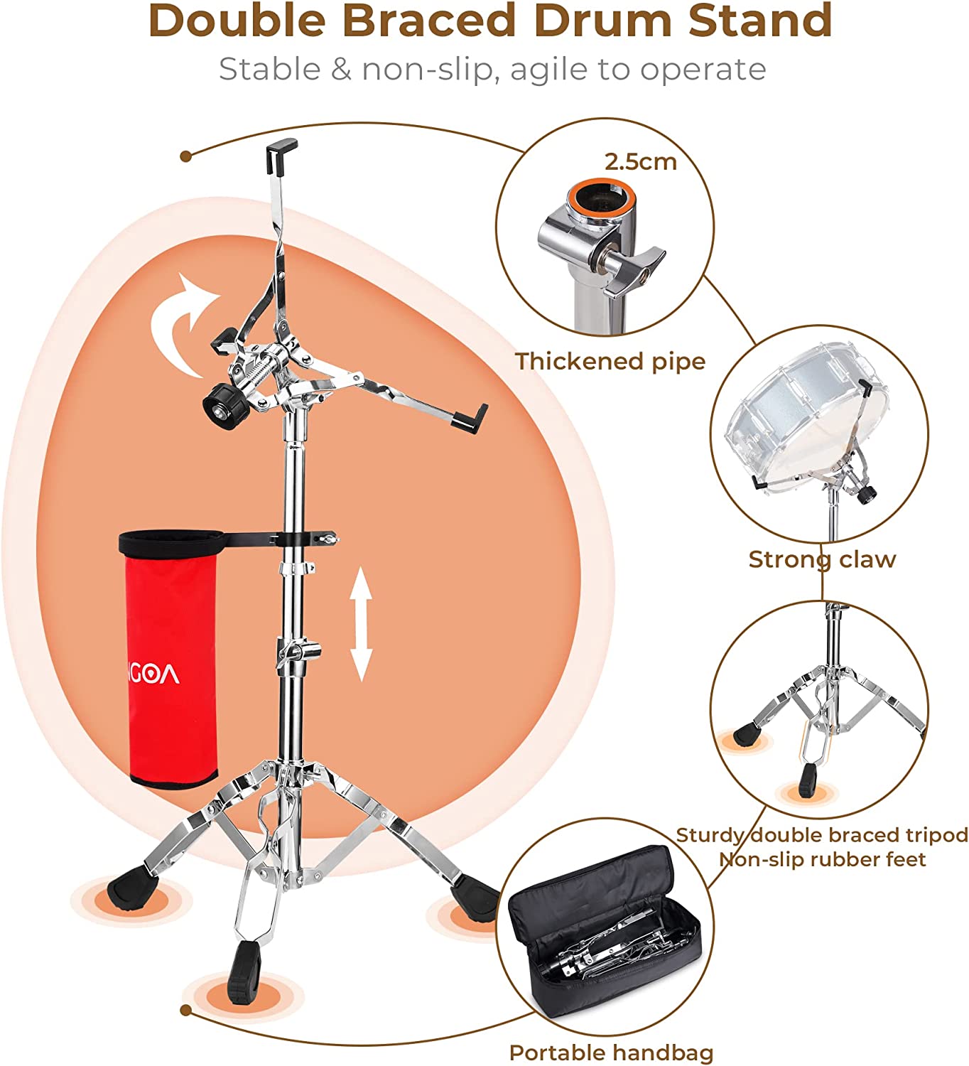 Vangoa Student Snare Drum Set with Stand Brown 14"X 5.5" - Vangoa