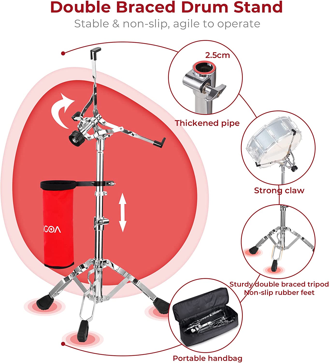 Vangoa Student Snare Drum Set with Stand Red 14"X 5.5" - Vangoa