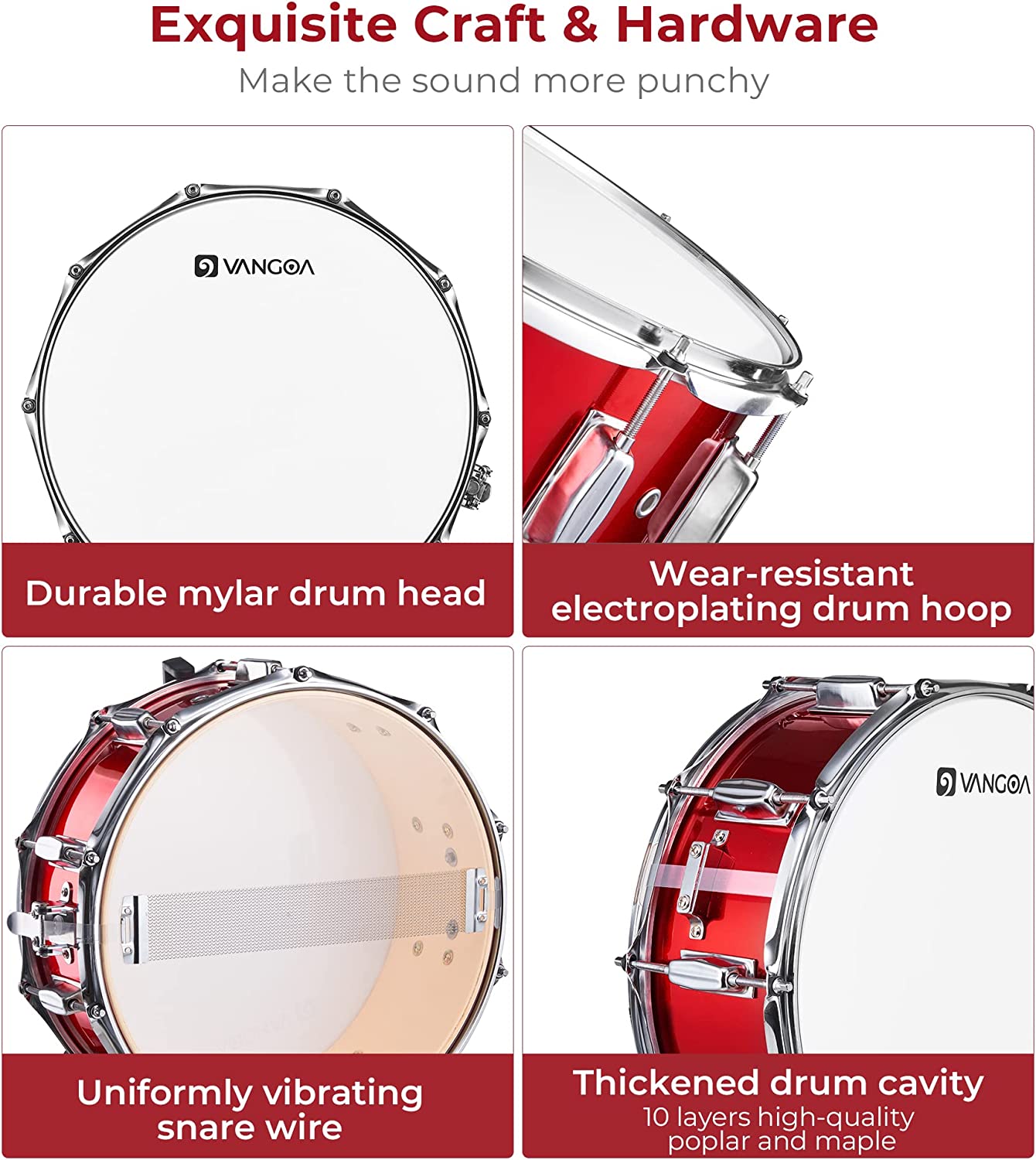 Vangoa Student Snare Drum Set with Stand Red 14"X 5.5" - Vangoa