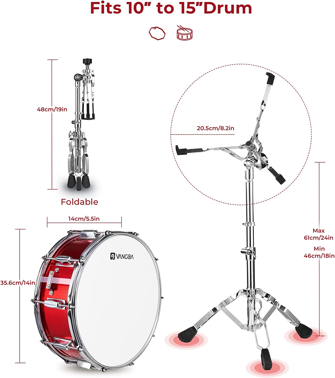 Vangoa Student Snare Drum Set with Stand Red 14"X 5.5" - Vangoa