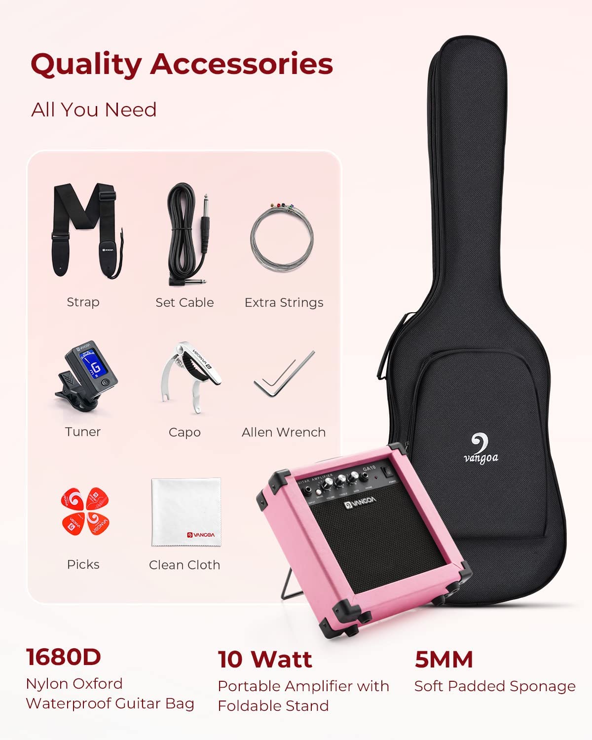 Vangoa VEG - 2 39 Inch Full Size Electric Guitar Beginner Starter Kit Pink with Amplifier Pink - Vangoa