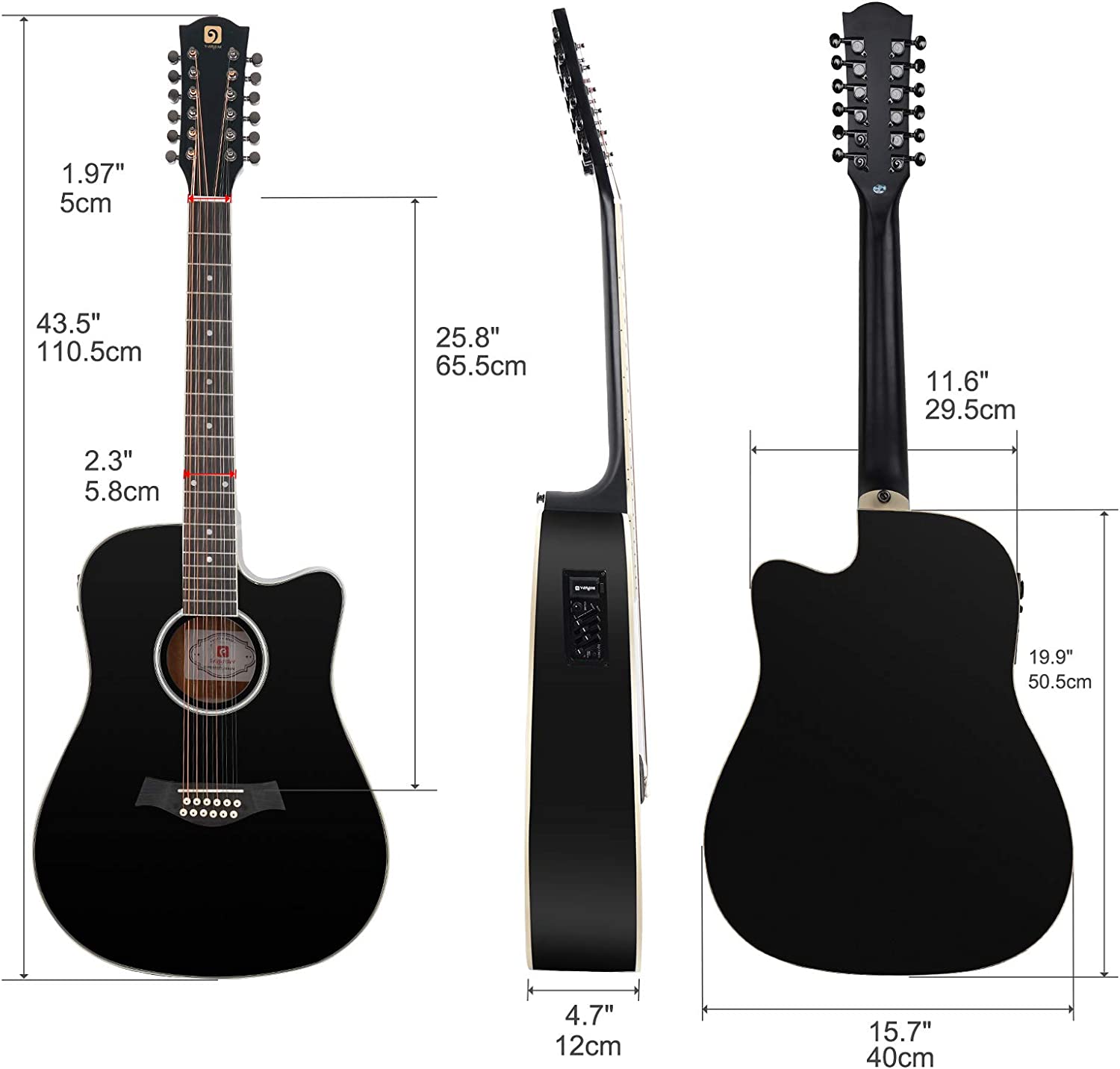 Vangoa VGE12 - 2 12 String Guitar, Acoustic Electric Cutaway Guitar, Black - Vangoa