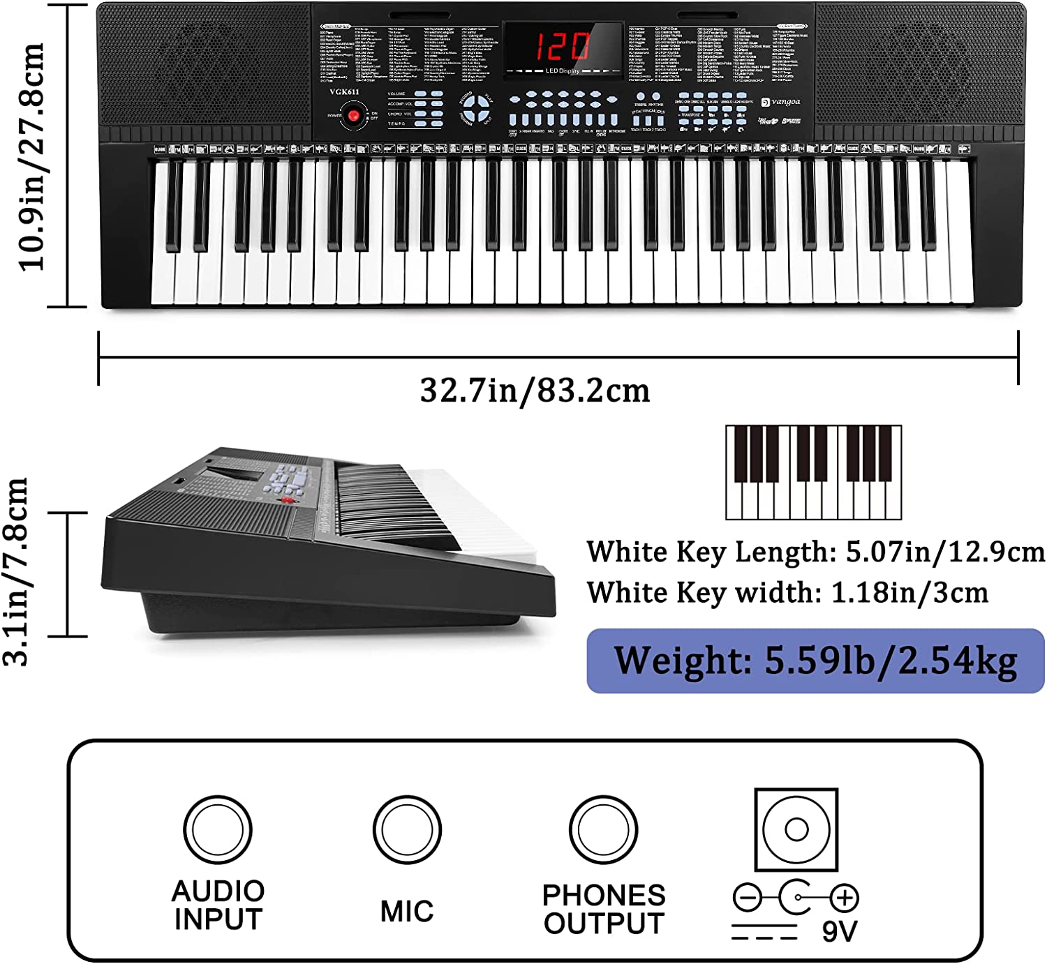 Vangoa VGK611 Piano Keyboard 61 Key Black - Vangoa