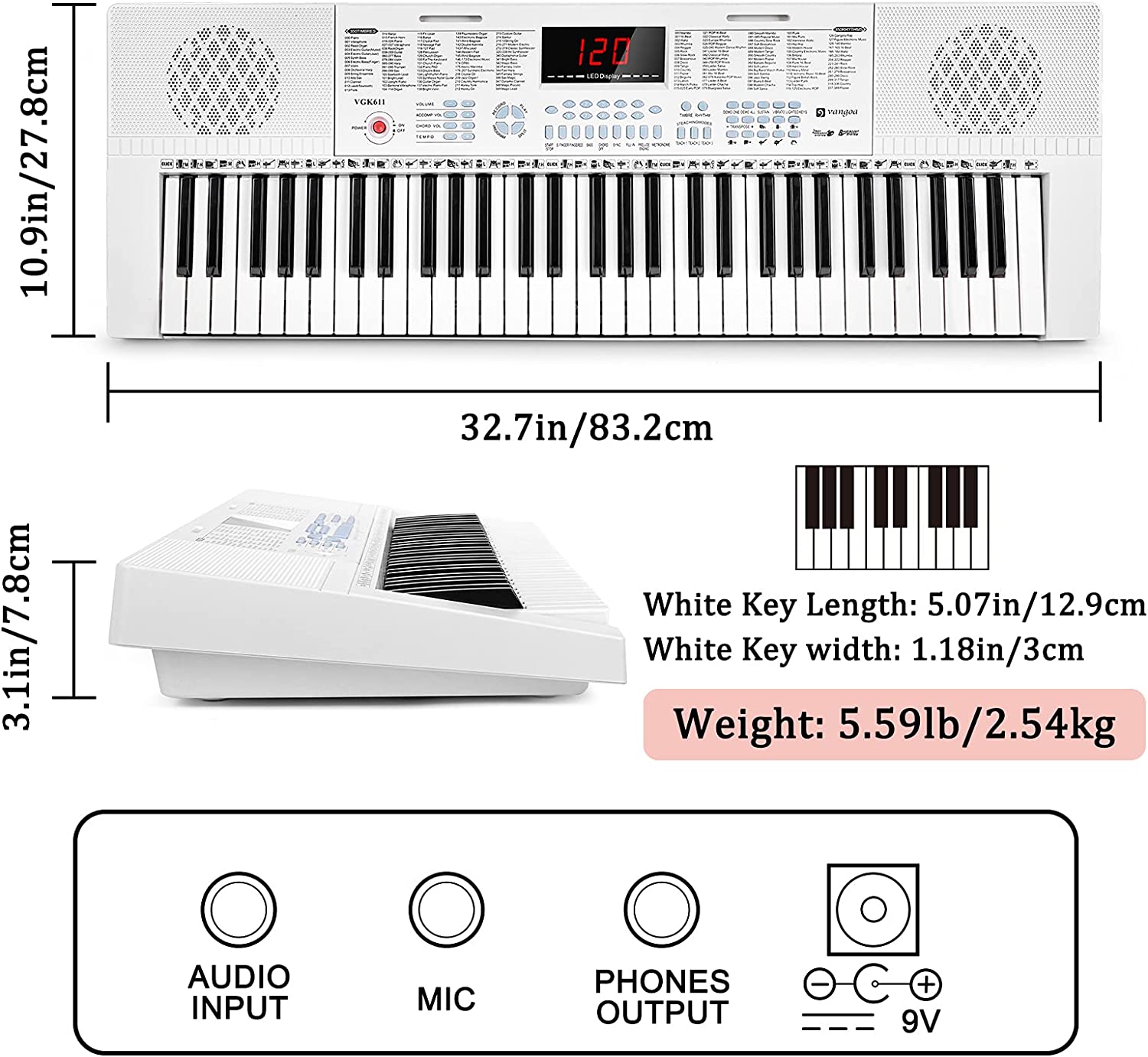 Vangoa VGK611 Piano Keyboard with Mini Lighted Keys for Beginner Kids Boy Girl White - Vangoa