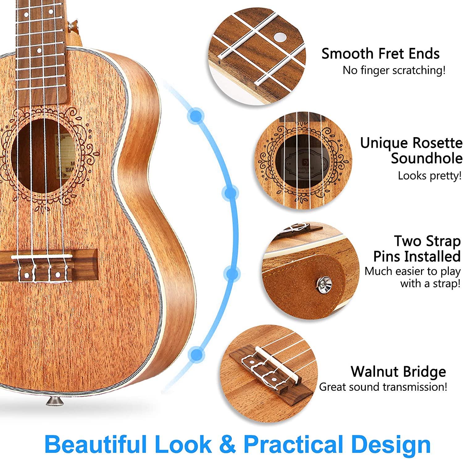 Vangoa VU403 Ukulele Concert Mahogany Bundle 23 inch Ukelele for Beginners Four String - Vangoa