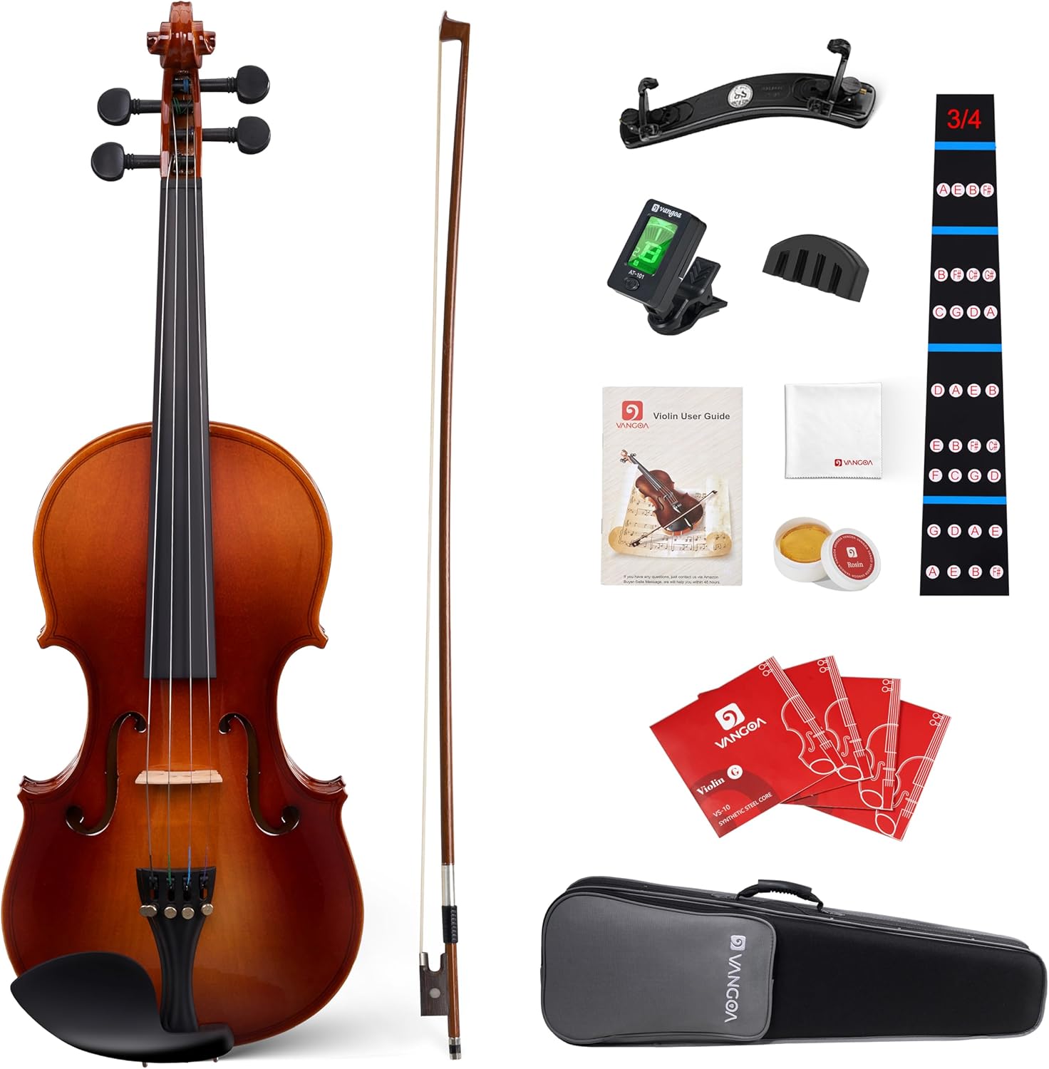 Vangoa Violin 3/4 Size Set Fiddle, Handcrafted Three Quarters Starter Acoustic Violins Kit with Side Solid Wood Board, Lightweight Hard Case for Beginners, Students, Child, Kids, Adults, Right Handed