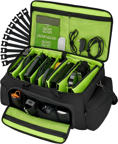 Sacoche de rangement pour câbles Vangoa DJ, grande capacité, avec 8 compartiments amovibles et 10 attaches de rangement pour câbles, sac rembourré pour équipement DJ, sac de transport pour musicien, ordinateur portable, sac de rangement pour câbles, vert 