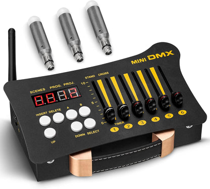 Vangoa DMX Controller, Mini Portable DMX 512 Controller, with 3 Pcs DMX Controller Dfi DJ 2.4G 3 Receivers, Lighting Control with Bag, Adapter, for Stage Party Bar Lighting Show, Black