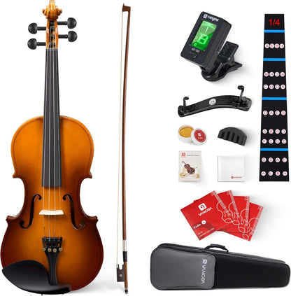 Vangoa Violinen-Set in 1/4-Größe, Geigen-Outfit, handgefertigtes Viertel-Starter-Akustikgeigen-Set mit Seitenbrett aus Massivholz, leichter Hartschalenkoffer für Anfänger, Studenten, Kinder, Erwachsene, Rechtshänder 