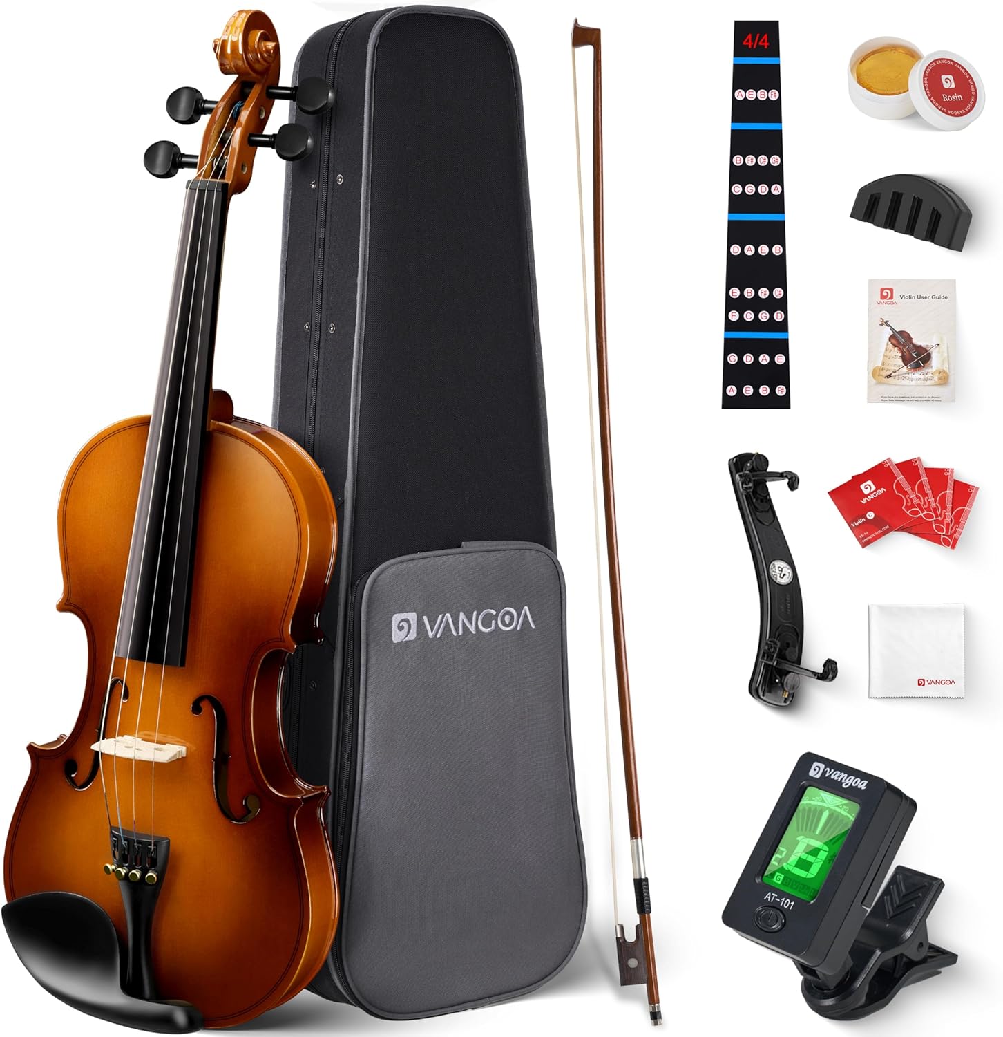 Vangoa Violin 4/4 Full Size Set Fiddle, Handcrafted Starter Acoustic Violins Kit with Solid Wood Side Board, Lightweight Hard Case for Beginners, Teens, Child, Kids Age 12+, Adults, Right Handed